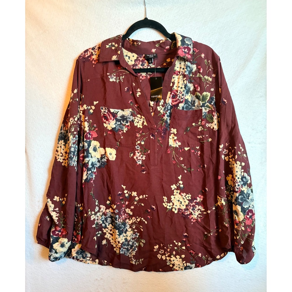 Torrid 1 Harper Blouse Plus Size Burgundy Floral Pullover 1x 14‎ 16 NWT